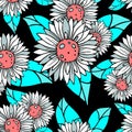 seamless white and blue pattern of decorative sunflowers on a black background