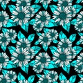 seamless white and blue pattern of decorative sunflowers on a black background