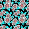 seamless white and blue pattern of decorative sunflowers on a black background