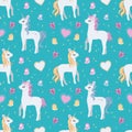 Seamless white cartoon unicorn with blond and pink mane, hearts and butterflies on bright teal background Royalty Free Stock Photo