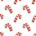 Seamless white Christmas pattern with falling snow and candy canes on a square background in a naive style Royalty Free Stock Photo