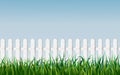 Seamless white fence with green grass on blue sky background. Garden fencing. summer backyard. traditional palisade or paling with