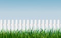 Seamless white fence with green grass on blue sky background. Garden fencing. summer backyard. traditional palisade or