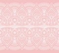 Seamless white lace ribbon isolated on pink background. Wide openwork strip. Horizontal continuous design Royalty Free Stock Photo