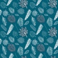 Seamless white line various tropical leaves pattern on navy blue background