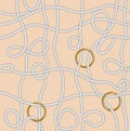 Seamless White Marine Ropes Pattern with Golden Rings on Beige background.