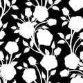 Seamless white pattern with roses on a black background. Vector illustration. Royalty Free Stock Photo