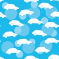 Seamless white pattern with silhouettes of cars. Blue background