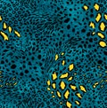 Seamless wild skin pattern. Mix of Tiger skin, jaguar skin. leopard print on dark background.