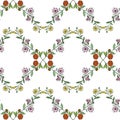 Seamless wildflowers pattern with repeating diamond-shaped border ornament.