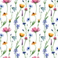 Seamless wildflowers pattern. Watercolor floral background with calendula, cornflower, bluebell flower, pansies, cosmos flower,