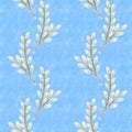 Seamless willow pattern on the blue background, scrapbooking, wall paper, high quality for print, botanical ornament, floral text