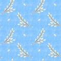 Seamless willow pattern on the blue background, scrapbooking, wall paper, high quality for print, botanical ornament, floral text