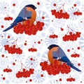 Seamless winter background with bullfinches and snowflakes