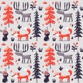 Seamless winter christmas pattern fox, rabbit, mushroom, moose, bushes, plants, snow, tree