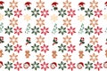 Seamless winter christmas pattern with snowflakes and decorative elements clock, hare, gnome, gingerbread man Royalty Free Stock Photo