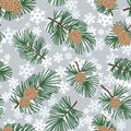 Seamless winter floral pattern with evergreen cone and snowflakes. Christmas texture. Snow forest background