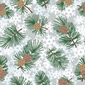 Seamless winter floral pattern with evergreen cone and snowflakes. Christmas texture. Snow forest background