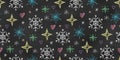 Seamless Winter Grunge Pattern of Chalk Drawn Sketches Snowflakes, Stars and Hearts on Dark Blackboard Royalty Free Stock Photo