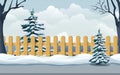Seamless Winter Landscape With Snowy Spruce, Trees, Wooden Fence, Snowdrifts, Road. Illustration Of Village, Park