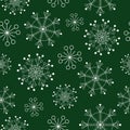 Seamless winter New Year pattern with white linear patterned snowflakes on a green background. Christmas elegant and graceful prin Royalty Free Stock Photo