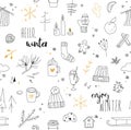 Seamless winter pattern background. Black white gold doodles. Royalty Free Stock Photo