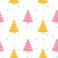 Seamless winter pattern. Background with snowflakes and colorful trees. Perfect for wrapping paper, greeting cards, textile print Royalty Free Stock Photo