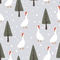 Seamless winter pattern with cute geese in Santa hats and doodle hand drawn pine trees. Merry Christmas vector Royalty Free Stock Photo
