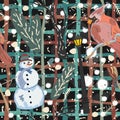 Seamless Winter Pattern With Cute Snowman and Cardinal Bird. Colorful Design. Vector Illustration