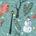 Seamless Winter Pattern With Cute Snowman and Cardinal Bird. Colorful Design