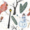 Seamless Winter Pattern With Cute Snowman and Cardinal Bird. Colorful Design