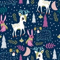 Seamless winter pattern with dear, bunny, bear and forest elements . Festive creative texture kids for fabric, wrapping, textile,