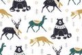 Seamless winter pattern with forest animals reindeer, fox, bear. Scandinavian style. Silhouettes of wild animals in