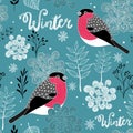 Seamless winter pattern of frozen forest and birds.