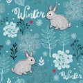 Seamless winter pattern of frozen forest and small rabbit.