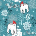 Seamless winter pattern of frozen forest and white bears.