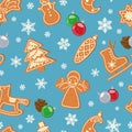 Seamless winter pattern with gingerbread with glaze and snowflakes. Vector