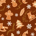 Seamless winter pattern with gingerbread and snowflakes. Vector illustration.