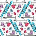 Seamless winter pattern with hand-drawn skates, skis and snowflakes Royalty Free Stock Photo