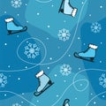 Seamless winter pattern with hand-drawn skates and snowflakes Royalty Free Stock Photo