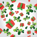 Seamless winter pattern with a red gift boxes and holli berries . Flat vector Christmas background with the presents. Tile modern Royalty Free Stock Photo