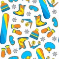 Seamless winter pattern with snowboard equipment in a vibrant, y Royalty Free Stock Photo