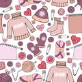 Seamless winter pattern with sweater, cap, socks, gloves and sewing things Royalty Free Stock Photo