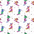 Seamless winter sports pattern. Snowboarders or skiers on snow. Professional athletes in equipment. Teenagers extreme