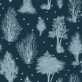 Seamless winter vector pattern with frosted trees on a dark background Royalty Free Stock Photo