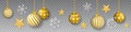 Seamless winter vector with hanging gold colored decorated christmas ornaments, golden stars and snowflakes on gray background Royalty Free Stock Photo