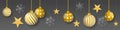 Seamless winter vector with hanging gold colored decorated christmas ornaments, golden stars and snowflakes on gray background