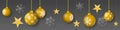 Seamless winter vector with hanging gold colored decorated christmas ornaments, stars and snowflakes on gray background Royalty Free Stock Photo