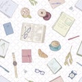 Seamless women`s pattern. Hand drawn illustration in pastel colors work notes, background studying, creative lifestyle