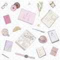 Seamless women`s pattern. Hand drawn illustration in pastel colors work notes, background studying, creative lifestyle